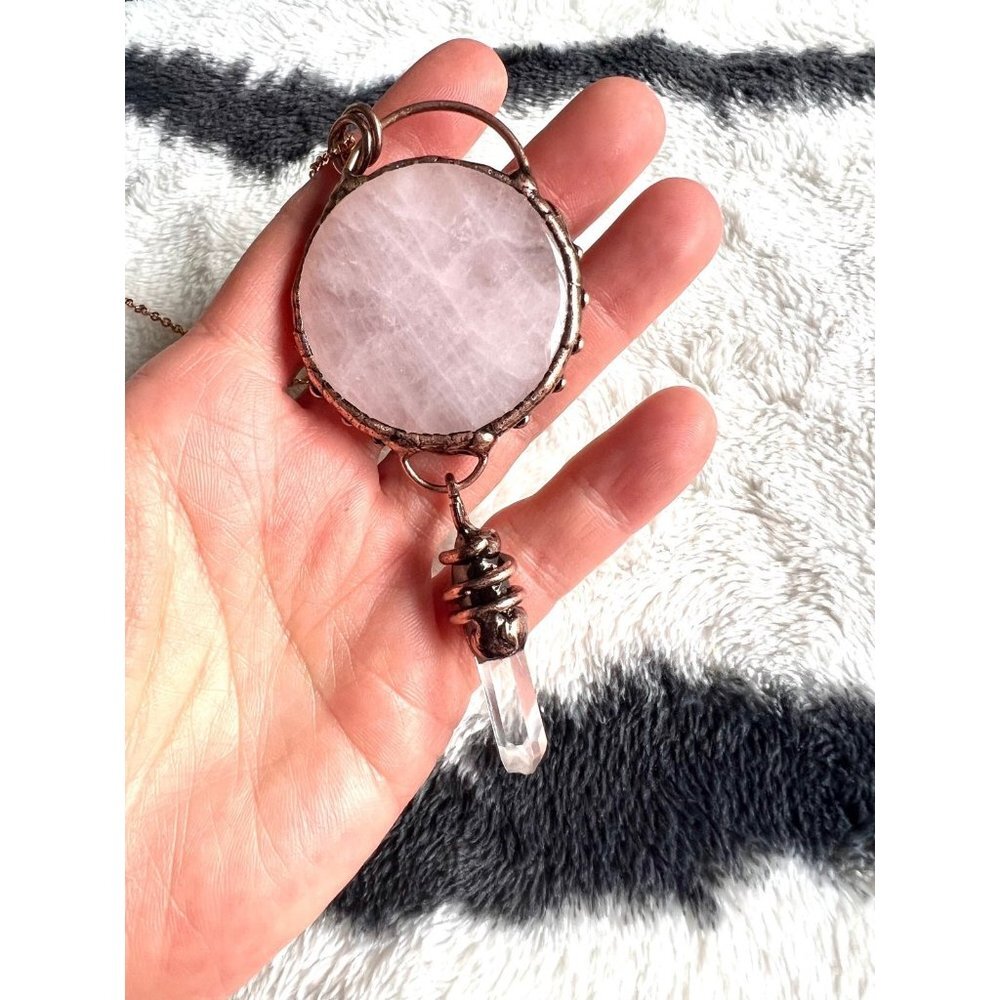 Divine LOVE Rose Quartz + CLear Quartz Point Serpent Snake Pendant Necklace - Picture 3 of 6